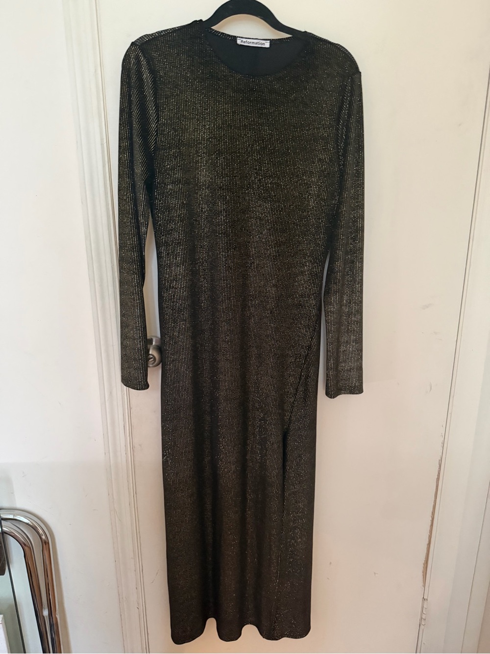 Reformation Long Sleeve Black and Gold Velvet Maxi Dress with Slit